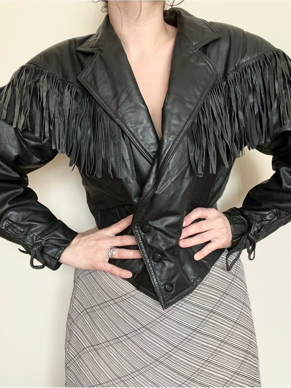 Fringed Black Leather Jacket - Women